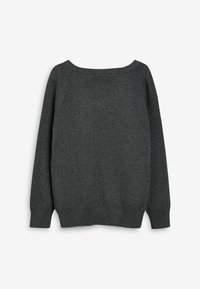 Mörkgrå stickad tröja, lös passform, bred halsringning, ribbade ärmslut och nederkant, mjukt material, långa ärmar, avslappnad design.