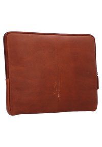 Bruine leren laptoptas met een textuur, een ritsafsluiting aan de bovenkant en een klein zijtab. Heeft afgeronde hoeken.