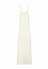 Robe midi en crochet blanc avec fines bretelles, présentant un motif texturé et des rayures horizontales. Tissu doux et silhouette ajustée.
