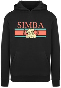 Felpa nera con cappuccio e tasca frontale, decorata con un grafico colorato di un leone dei cartoni e il testo "SIMBA" in lettere rosse in grassetto.