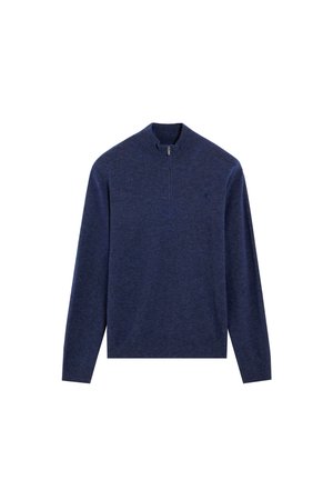 Maglione girocollo blu navy con collo a imbuto e zip. Realizzato in tessuto morbido, presenta maniche lunghe e orlo aderente, adatto per essere indossato a strati.