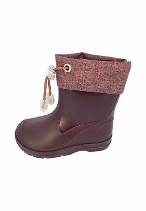 Dunkellila Kinderregenstiefel mit strukturiertem Bündchen und Kordelverschluss auf weißem Hintergrund.