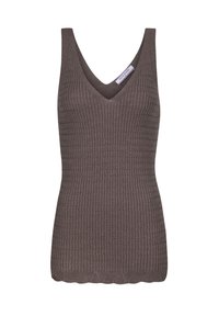 Bruine geribbelde tanktop met een V-halslijn, voorzien van een geschulpte zoom en een gestructureerd materiaal. Ideaal voor het laagjes dragen of casual gebruik.