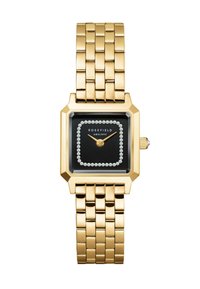 Reloj rectangular dorado con esfera negra, rodeado por un círculo de pequeños cristales; cuenta con una pulsera de eslabones dorados y una aguja de hora sencilla.