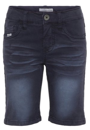 Mørkeblå denimshorts med forlommer, bæltestropper, knaplukning og falmede områder på lår og øvre hofter.
