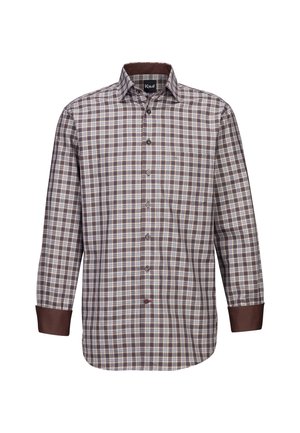 Camicia a maniche lunghe a quadri marroni e crema con colletto button-down e polsini marrone scuro. Realizzata in tessuto intrecciato, presenta un design slim fit.