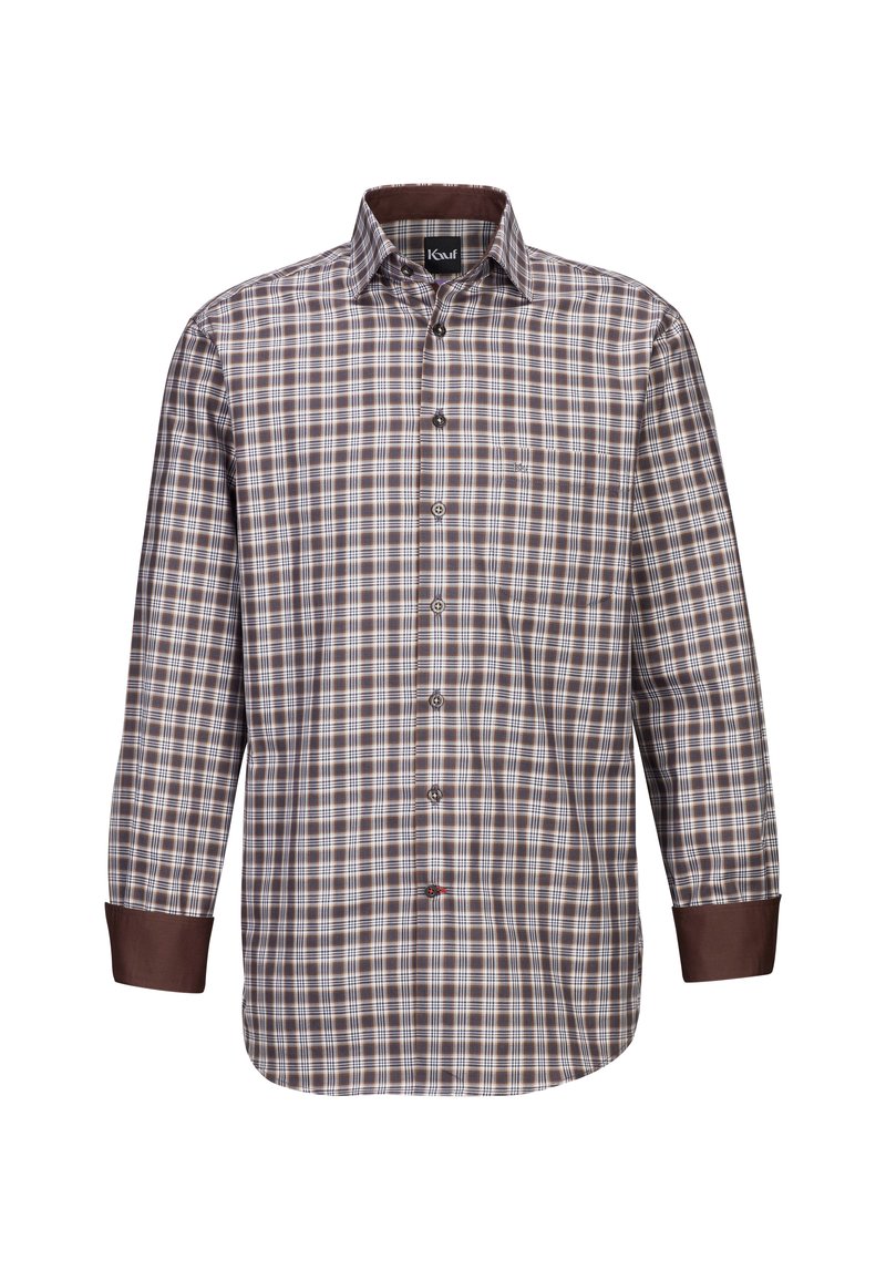 Camicia a maniche lunghe a quadri marroni e crema con colletto button-down e polsini marrone scuro. Realizzata in tessuto intrecciato, presenta un design slim fit.