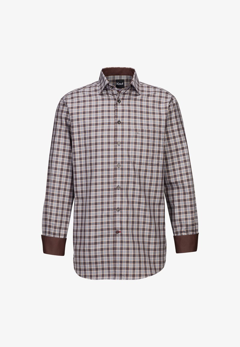 Camicia a maniche lunghe a quadri marroni e crema con colletto button-down e polsini marrone scuro. Realizzata in tessuto intrecciato, presenta un design slim fit.