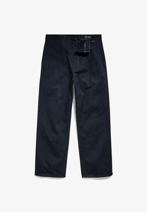 Pantalon bleu marine à jambe droite avec fermeture à boutons et zip, poches avant et passants pour ceinture, taille 32x32 indiquée à l'intérieur de la ceinture.