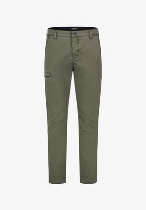 Olive green cargo pants made of cotton, featuring a slim fit, multiple pockets, and subtle stitching details at the knees.