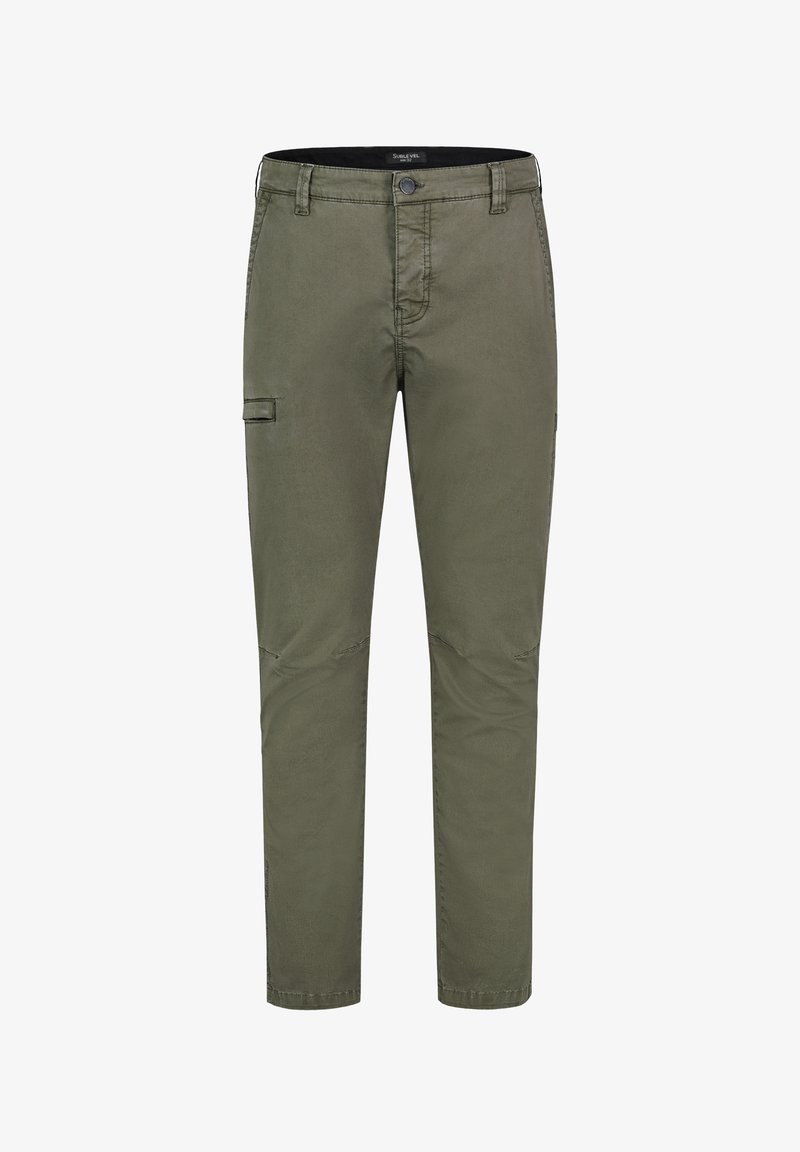 Olivgrüne Cargo-Hosen aus Baumwolle mit schmaler Passform, mehreren Taschen und feinen Nähdetails an den Knien.