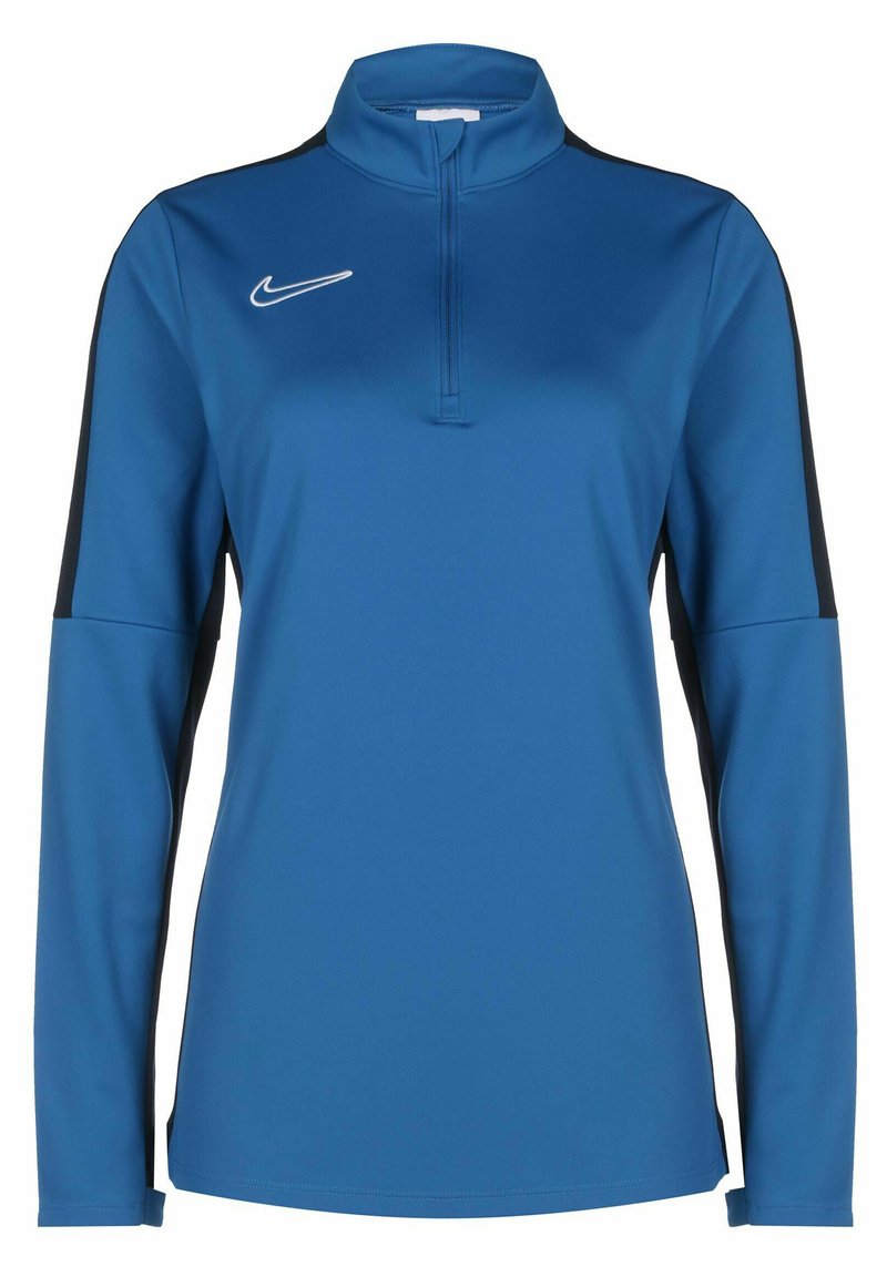 Blauer sportlicher Pullover mit hohem Kragen, Reißverschluss, langen Ärmeln, schwarzen seitlichen Akzenten und einem weißen Nike-Logo auf der Brust.