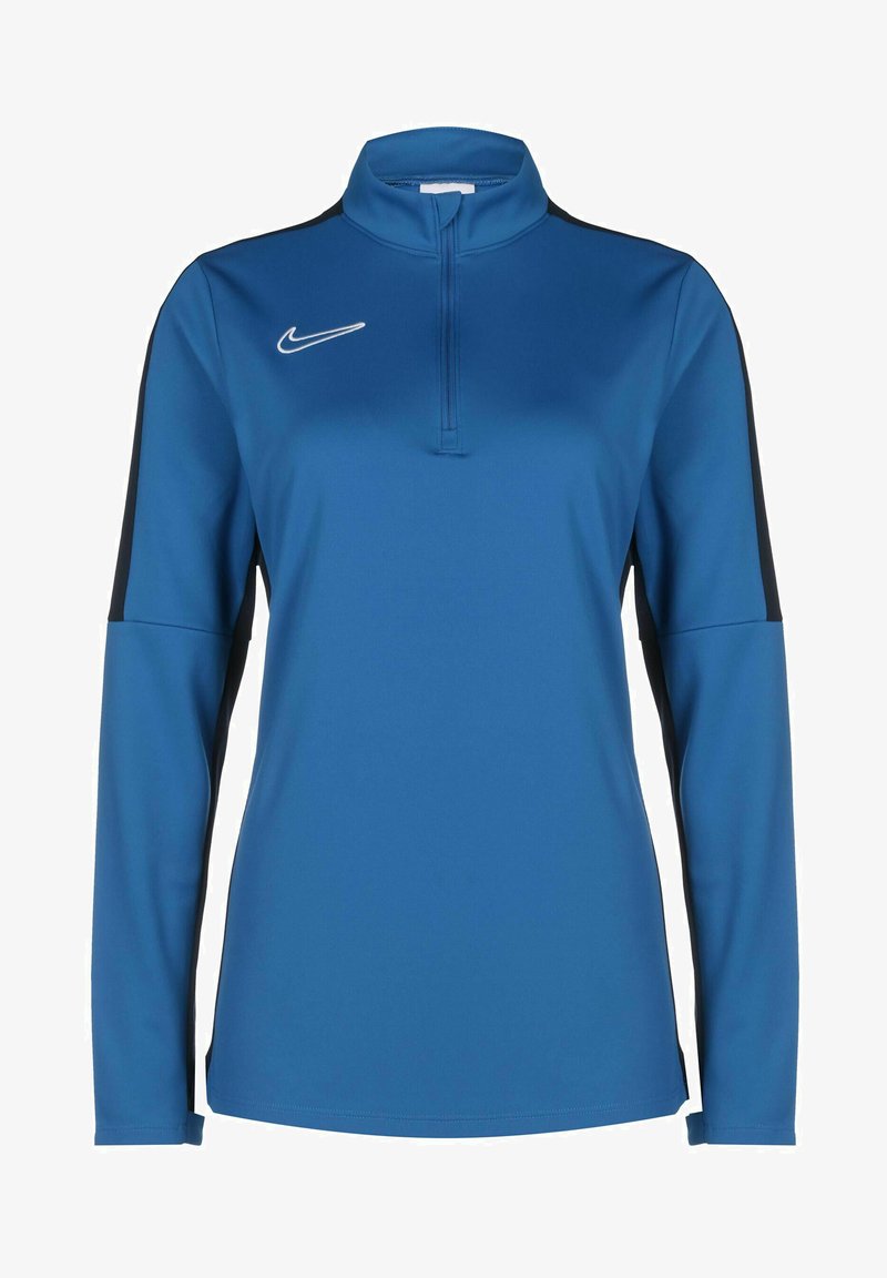 Blauer sportlicher Pullover mit hohem Kragen, Reißverschluss, langen Ärmeln, schwarzen seitlichen Akzenten und einem weißen Nike-Logo auf der Brust.