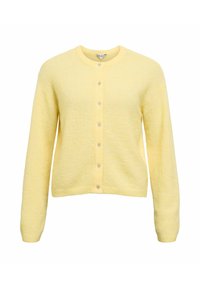 Dzeltens kardigans no mīkstas auduma, ar apaļu kakla izgriezumu, garām piedurknēm un priekšpusē ar četriem pogām aizpogājams.