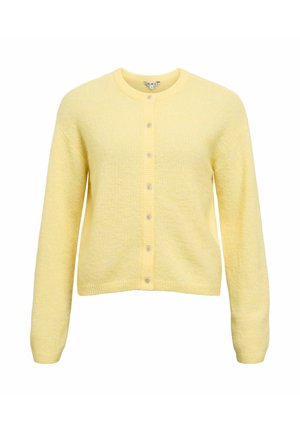 Cárdigan amarillo hecho de tela suave, con escote redondo, mangas largas y cierre frontal con cuatro botones.