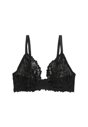 Soutien-gorge en dentelle noire avec motifs floraux, bretelles réglables et armatures, présenté à plat sur fond blanc.
