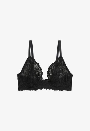 Soutien-gorge en dentelle noire avec motifs floraux, bretelles réglables et armatures, présenté à plat sur fond blanc.