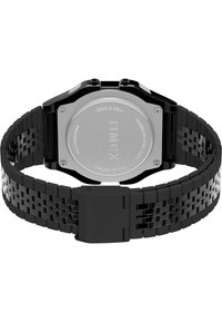 Orologio bracciale in metallo nero con cassa quadrata, fondello in acciaio inossidabile e una semplice chiusura. Il bracciale è testurizzato e a maglie.