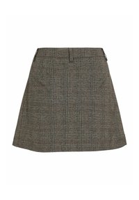 Grijze geruite minirok met een aansluitende taille, twee zijzakken en subtiele plooien aan de onderrand. Gemaakt van geweven textiel met een zachte structuur.