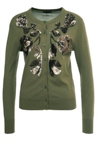 Olivgrön kofta med rund halsringning, långa ärmar, knappfram och paljetterade blommor i svarta och silverfärgade toner.