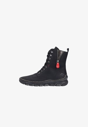 Black ankle boots made of leather with a textured finish, featuring a side zipper, metal lacing hardware, and a flexible rubber sole.