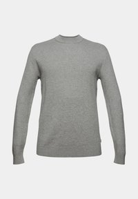 Světle šedý svetr z texturovaného pleteného materiálu, s kulatým výstřihem a dlouhými rukávy s žebrovanými manžetami. Bez výrazných vzorů nebo akcentů.