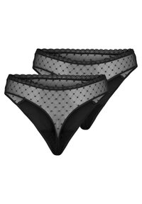 Crne čipkaste gaćice s prozirnim, točkicama ukrašenim dizajnom, valovitim rubovima i klasičnim krojem slip gaćica. Set od dva para.
