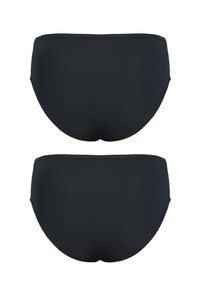 Bas de bikini noir avec une texture lisse, design taille mi-haute et taille élastique. Style simple, sans motifs visibles ni détails en métal.