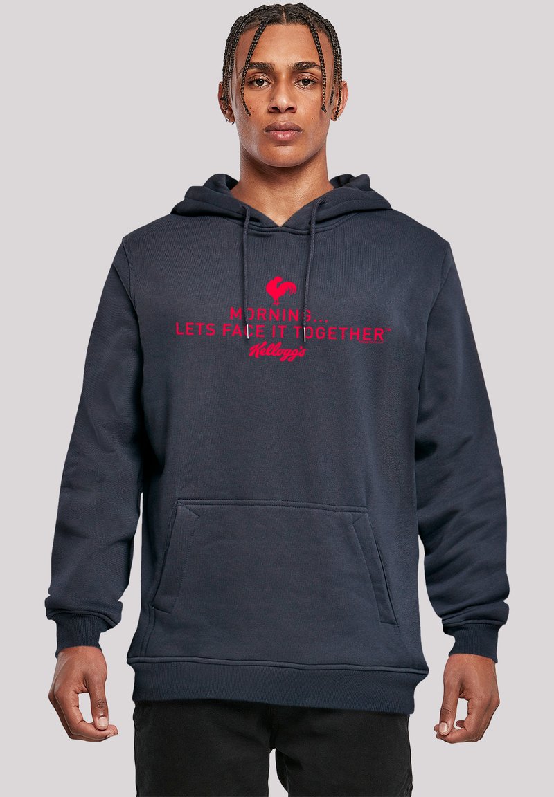 Navy blue hooded sweatshirt with a front pocket, featuring red text that reads "MORNINGS... LET'S FACE IT TOGETHER" and a small rooster graphic.