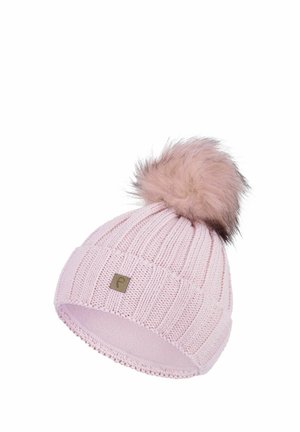 Soft pink knitted winter hat with ribbed pattern and a large fluffy pom-pom on top, featuring a small rectangular logo patch.