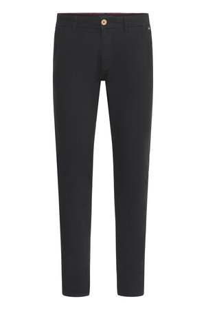Fekete vászon nadrág, pamut keverékből készült, slim fit fazonú, gombos záródással, övhurkokkal és oldalsó zsebekkel. Simább textúrájú.