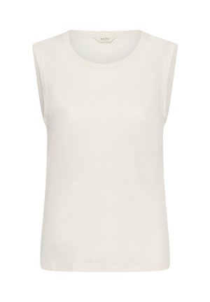 Mouwloze witte top met ronde hals en rechte snit, gemaakt van gladde stof, getoond tegen een effen achtergrond.