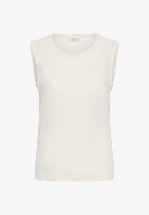 Mouwloze witte top met ronde hals en rechte snit, gemaakt van gladde stof, getoond tegen een effen achtergrond.