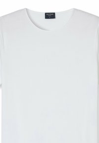 Weißes T-Shirt mit kurzen Ärmeln, Rundhalsausschnitt, aus weicher Baumwolle, mit dem Label "OLYMP", das ein sauberes, minimalistisches Design aufweist.