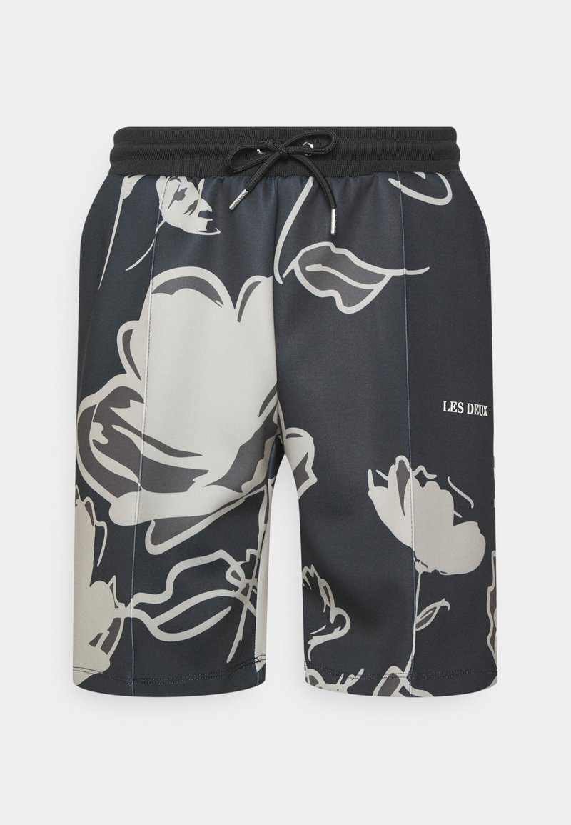 Černé plavkové šortky s velkým šedým květinovým potiskem, elastický pas se šňůrkou a bočními švy pro upravený vzhled. Logo na přední straně.