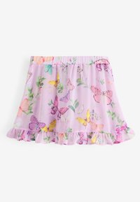 Helllila Rock mit einem voluminösen Saum, verziert mit verschiedenen Schmetterlingsmustern in den Farben Pink, Gelb und Grün. Aus leichtem Stoff gefertigt.