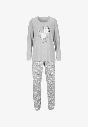 Harmaa pyjamasetti, jossa on pitkät hihat ja koiran kuvalla varustettu yläosa sekä koiran kuvioiset alaosat, valmistettu pehmeästä kankaasta.