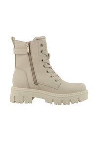 Beżowe botki za kostkę z masywną białą podeszwą, z przodu sznurowane, z boku zamek błyskawiczny oraz detal w postaci paska przy kostce. Gładka faktura.