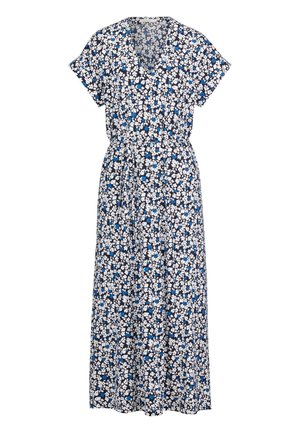 Vestito midi corto con stampa floreale, maniche corte, scollo a V e vita arricciata nei colori nero, bianco e blu.