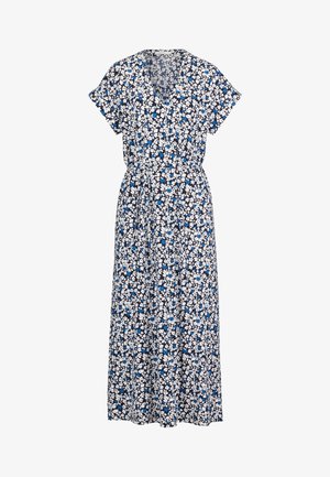 Robe midi courte à imprimé floral, manches courtes, encolure en V et taille froncée en noir, blanc et bleu.