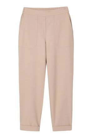 Pantaloni beige conici, cu talie elastică, buzunare aplicate în față și tivuri întoarse.