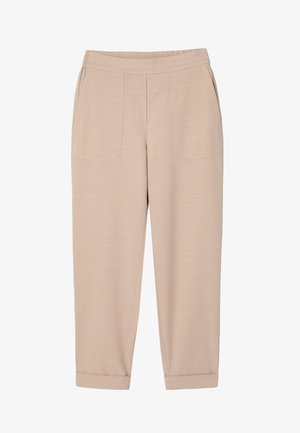 Bež hlače uže kroja s elastikim pojasom, prednjim džepovima na zakrpu i naboranim rubovima.