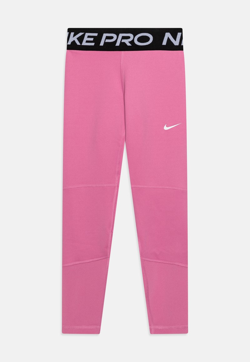 Leggings sportivi rosa realizzati in tessuto elasticizzato, con una vita nera che presenta il testo "NIKE PRO" e un piccolo logo Nike bianco sul lato destro.