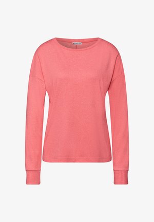 Bluza z długim rękawem w kolorze jasnej koralowej, wykonana z miękkiej tkaniny. Posiada szeroki dekolt, ściągacze przy mankietach oraz luźny krój bez dodatkowych ozdób.