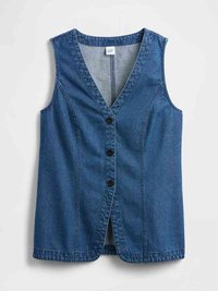 Sleeveless denim vest with V-neck, three black buttons down the front, and fitted vertical seams for shaping.
