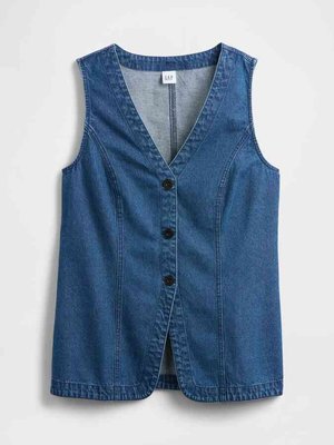 Sleeveless denim vest with V-neck, three black buttons down the front, and fitted vertical seams for shaping.
