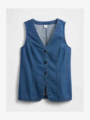 Veste en denim sans manches avec décolleté en V, trois boutons noirs sur le devant et coutures verticales ajustées pour la silhouette.