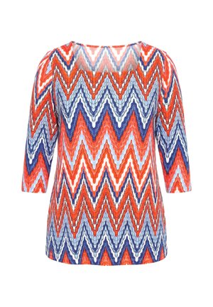 Overhemd met lange mouwen met een zigzagpatroon in rood, blauw, wit en lichtblauw, met een ronde hals en een gladde stoftextuur.