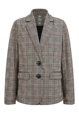 Marynarka w kratę w odcieniach szarości, bieli i czerni z czerwonymi akcentami. Posiada wysoki kołnierz, zapięcie na dwa guziki oraz kieszenie z przodu. Teksturowany materiał.