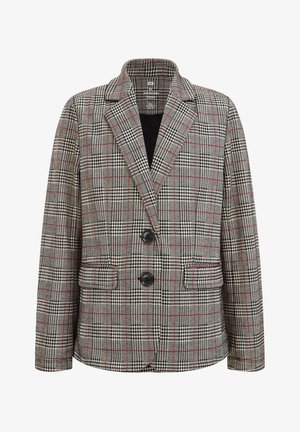 Marynarka w kratę w odcieniach szarości, bieli i czerni z czerwonymi akcentami. Posiada wysoki kołnierz, zapięcie na dwa guziki oraz kieszenie z przodu. Teksturowany materiał.